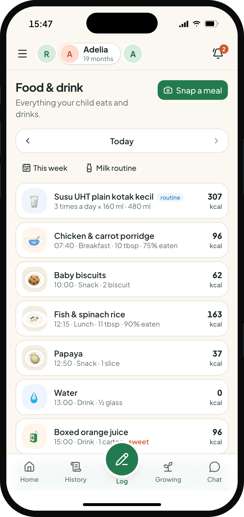 Food & drink: today's meals with their calories