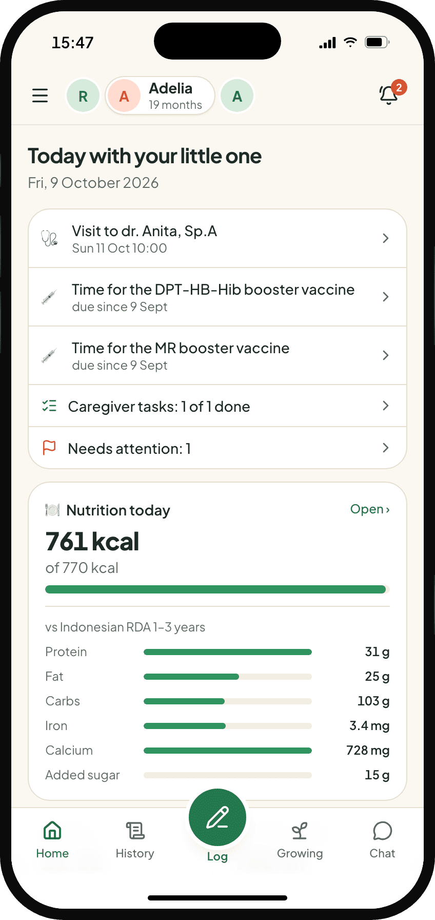 A parent's home screen on an iPhone: agenda, today's nutrition, entries from the nanny