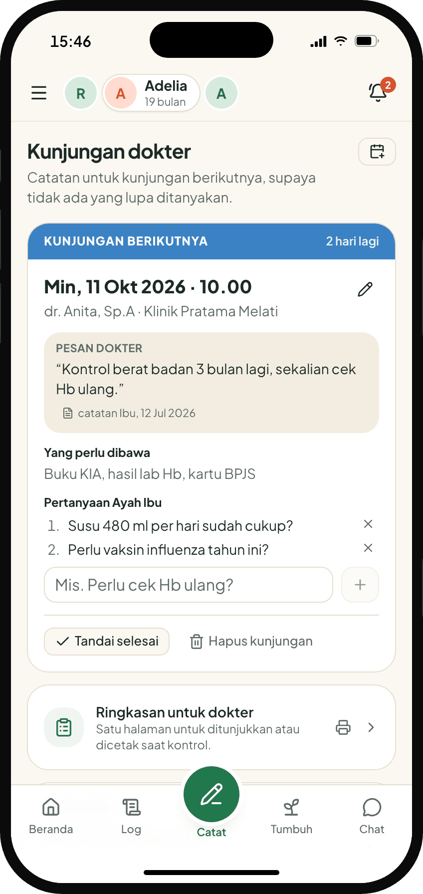 Catatan kunjungan berikutnya